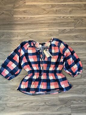 Harve Benard Navy, Coral & White Checked Tie-Neck Peplum Blouse